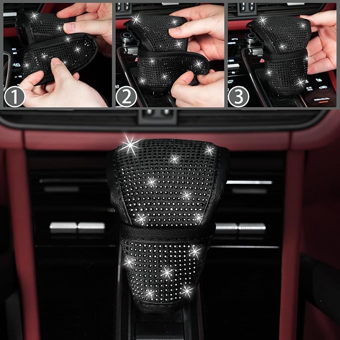 12 Pcs Bling Car Accessories Set for Women Car Floor Mats Full Set Steering Wheel Cover Seat Belt Covers Coasters Universal Fit Car SUV Truck Van Black