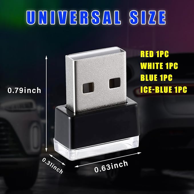 4 PCS USB LED Car Interior Atmosphere Lamp, Plug-in USB Decor Night Light, Portable Auto Ambient Lighting Kit, Universal Vehicle Interior Accessories for Most Cars (White+Red+Blue+Ice Blue)