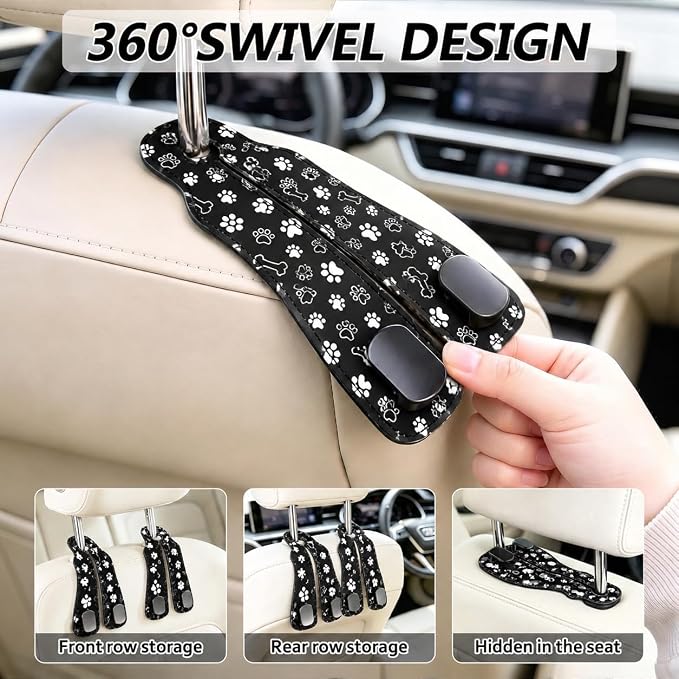 Cute Black Paw Car Seat Back Storage Headrest Hooks for Purses & Bags – 2PCS PU Leather Dual Metal Hooks, Backseat Organizer Accessories