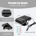 12V Portable Car Heater for Vehicle,Car Heater and Windshield Defroster and Demister Features Heating Cooling and Air Purification Functions,360° Rotating Cigarette Lighter Port Heater for Cars Black