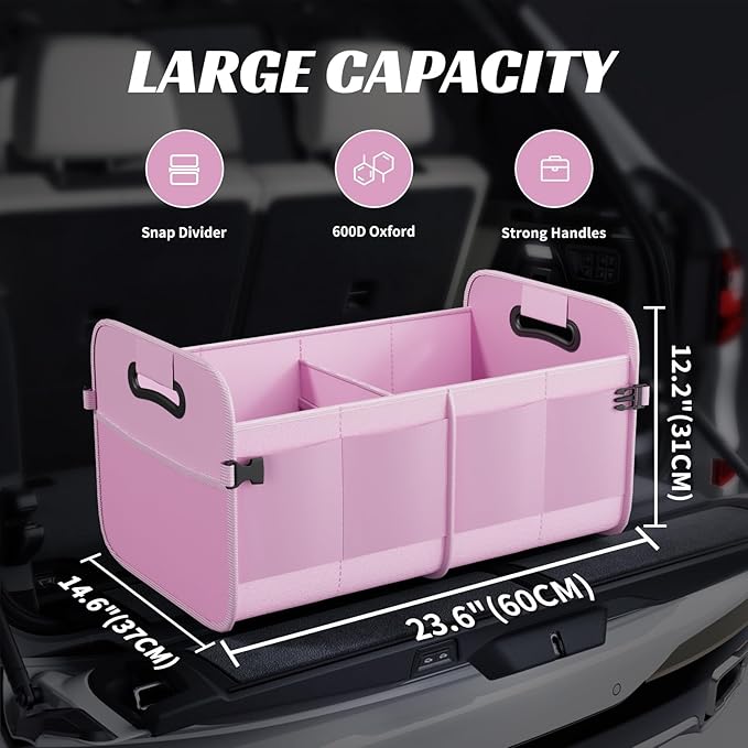Trunk Organizer for Car - 70L Collapsible Car Storage with 11 Pockets & Reinforced Handles, SUV Trunk Organizers for Grocery Cargo(Pink)