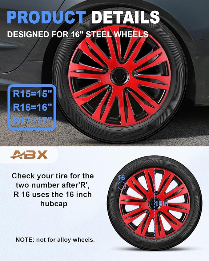 Hubcap Wheel Covers Hub Caps 16 Inch Set of 4 Black & Red Universal Wheel Rim Cover R16 Stylish Car Decor Wheel Covers