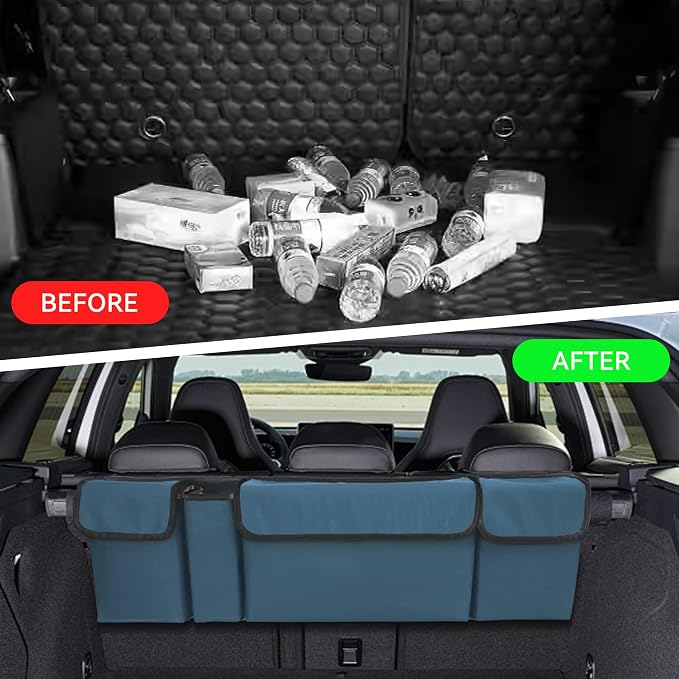 Car Trunk Organizer, Waterproof Collapsible Cargo Bag with 4 Pockets,Backseat Hanging Large Storage with Adjustable Straps, Sturdy Space Saver Frees Trunk Floor for SUV, Truck (Blue)