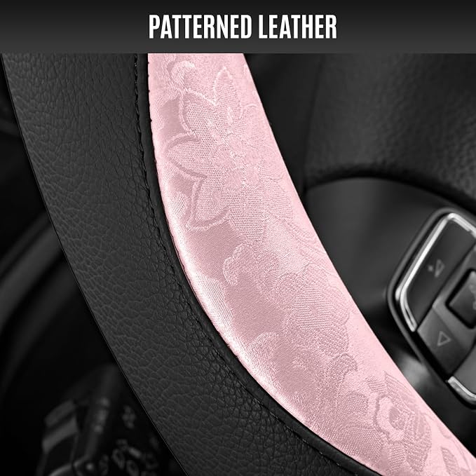 Steering Wheel Cover, Pink Patterned & Black Leather Patchwork Design, Universal Fit 14.5"–15.5", Anti-Slip, Odor-Free, Soft PU Grain Leather, Durable Grip Car Accessory for Girls & Women