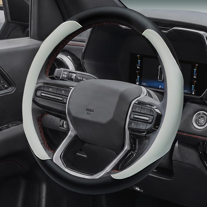 Leather Steering Wheel Cover for Chevy Silverado 1500 2500 3500, 14.5-15 inches Car Steering Wheel Cover with Non-Slip Breathable (White)