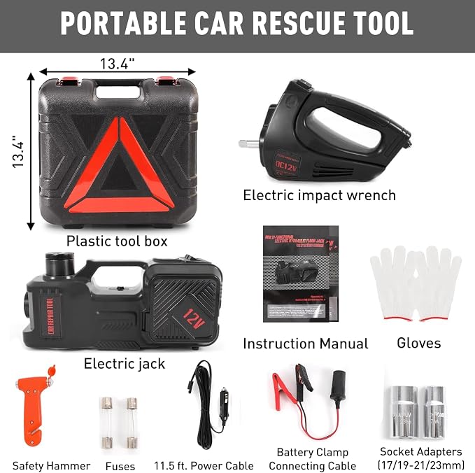 Electric Car Jack Kit 5 Ton 12V Hydraulic Floor Jack with Impact Wrench and Inflatable Pump for SUV Car Emergency Repair Tire Change Kit with LED Light