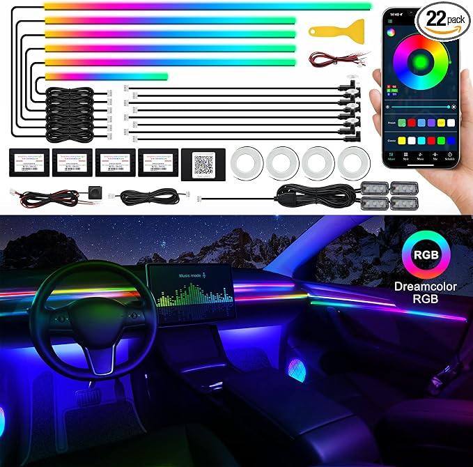 Dreamcolor Acrylic Interior Car LED Strip Light with Wireless APP, RGB 22 in 1 with 175 inches 593 LEDs Fiber Optic Ambient Lighting Kits, 16 Million Colors Sound Active Function Car Neon Lights