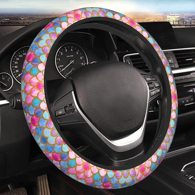 Mermaid Fish Scale Steering Wheel Cover, Universal 15 Inch Colorful Neoprene Car Protector, Non-Slip & Breathable Wheel Sleeve for Most Cars, Sedans, SUVs, and Trucks
