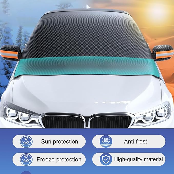 All-Season Car Windshield Frost Shield, Heat Blocking Car Windshield Weather Cover with Reflective Strips, Adsorption Design Front Window Ice Snow Shield, Universal for Most Cars (Black)