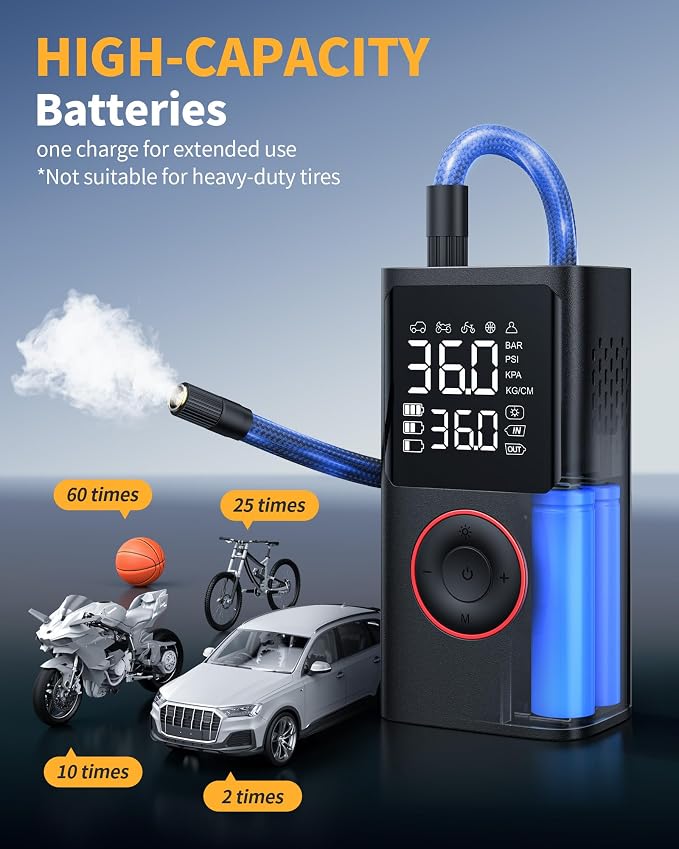 Tire Inflator Portable Air Compressor, 150 PSI Cordless Bike Pump, Air Pump for Auto, Motorcycle, Bicycle, Balls with Pressure Gauge, LED Light & Car Accessories, Black, Standard Capacity