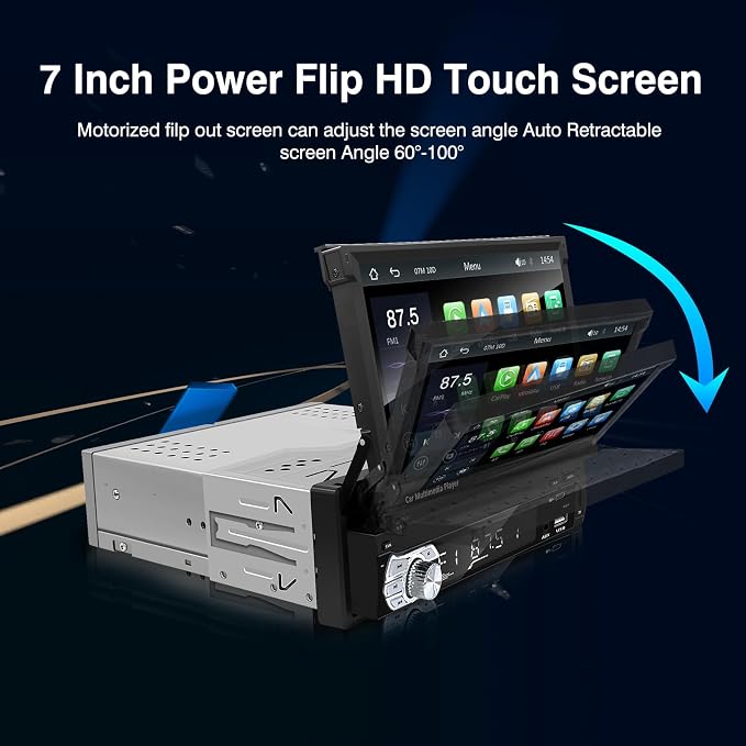 Single Din Carplay Android-Auto-Car-Radio 7-inch Flip Out Touchscreen | Type-C&USB Bluetooth Backup Camera FM/RDS MP5 Player 【Manual screen】