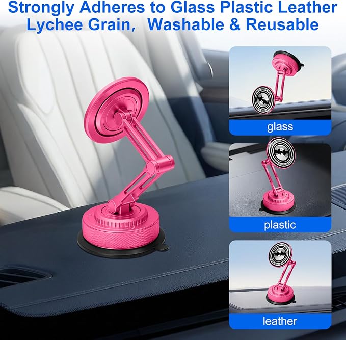 PIEPIE All-Metal Alloy Long Arm Magnetic Suction Cup Car Phone Mount(Pink) | Strong Powerful Magnetic Heavy-Duty Windshield Dash 360° Mechanical Rotation Cell Mobile Phone Vehicle Bracket for All Cars