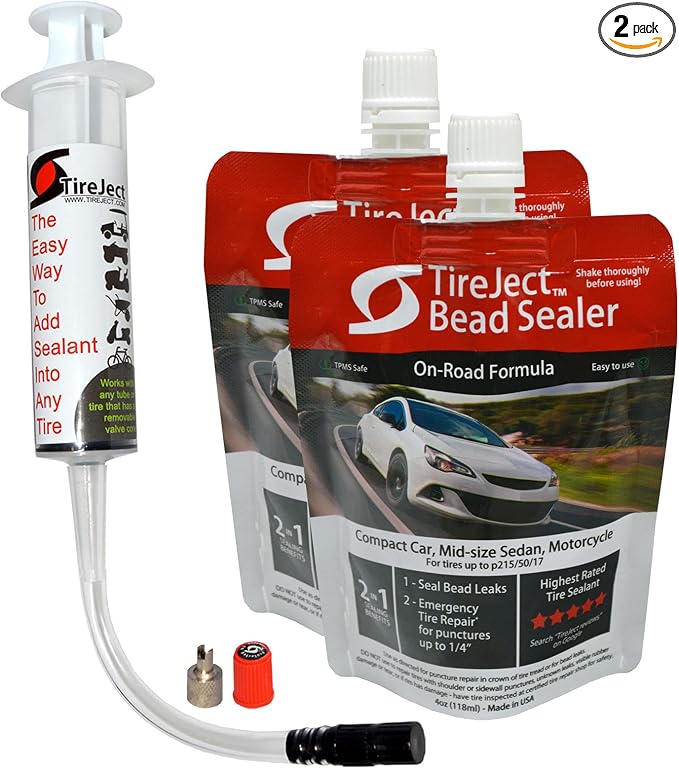 TireJect Automotive Compact Car 2-in-1 Tire Sealant & Bead Sealer Kit (2-Pack with Injector)