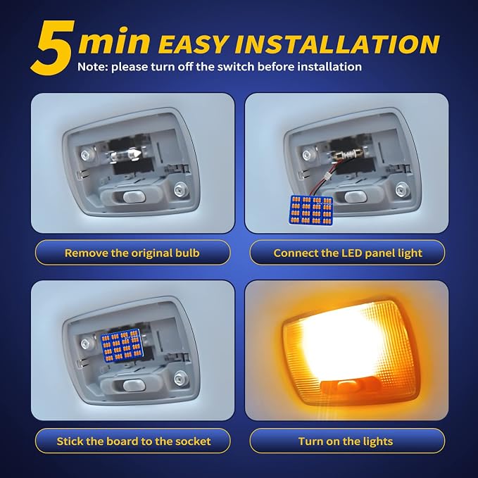 Car Interior LED Lights Accessories with 194 168 T10 / BA9S / DE3175 6418 211-2 578 Festoon Adapters, 48-SMD Panel Lamps for Dome Map Door Trunk Courtesy License Plate Lights (Amber Yellow)