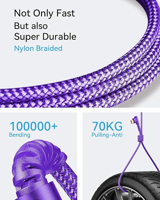 3.2A USB C Charger Cable, [4-Pack,10+6.6+3.3+1.6FT] USB A to USB C Right Angle Gold-Plated Type C Charger Fast Charge Durable Braided Cord for iPhone 17 16 15 Samsung S10 Note 10 S21 LG-Purple