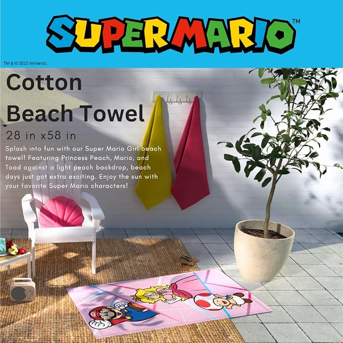 Super Mario Girl Princess Peach Kids Super Soft Cotton Bath/Pool/Beach Towel, 58 in x 28 in, (Officially Licensed Product) By
