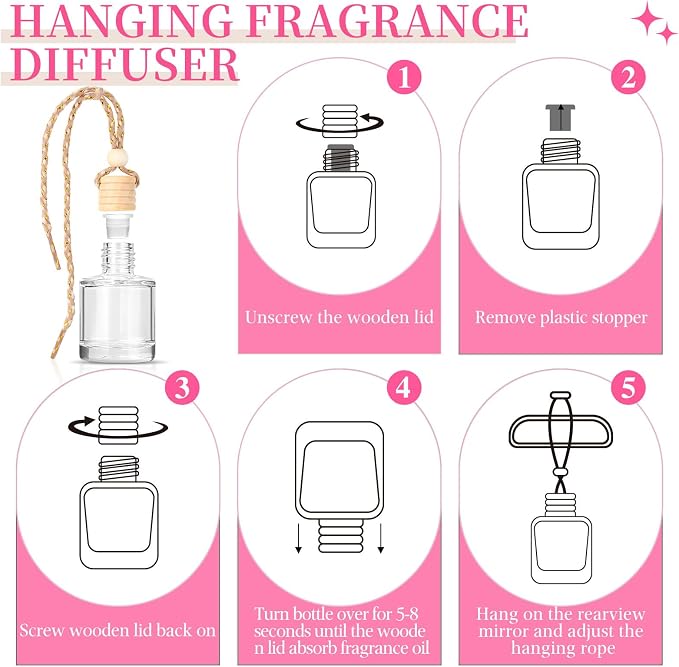 Car Air Freshener - Pink Sparkle Champagne Fragrance, 6 Pack Long Lasting Essential Oil Fragrance Diffuser, Hanging Cute Automotive Perfumes Interior Decor, Pink Car Accessories for Women & Men