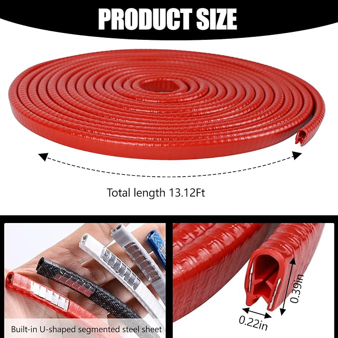 13.1Ft (4M) Car Door Edge Guards, Rubber U Shape Automotive Door Entry Guard Protector Strip, No Glue Required, Universal Vehicle Doors Edge Trim, Exterior Car Accessories (Red, 13.1FT)