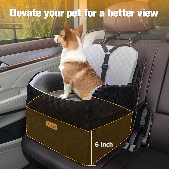 Waterproof Dog Car Seat for Small Medium Dogs, 6in Memory Foam Pet Booster Seat for Dogs up to 26 lbs with Pockets, Detachable Washable Pet Carseat with Y-Shape Safety Belt