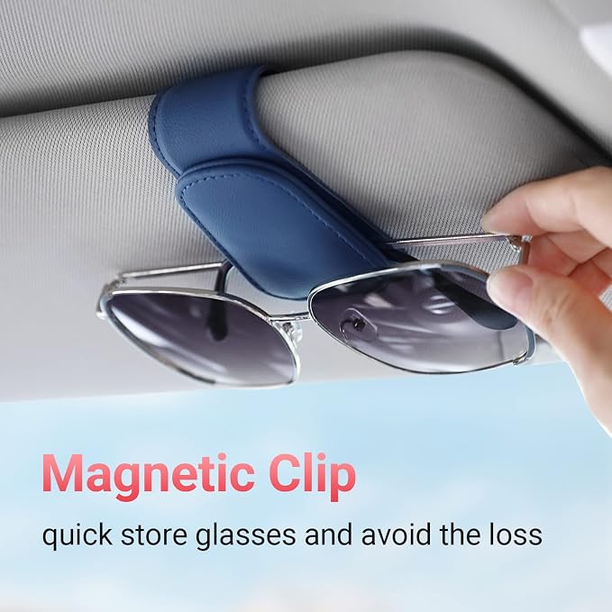 Sunglass Holder for Car Visor Sunglasses Clip Magnetic Leather Glasses Eyeglass Holder Truck Car Interior Accessories Universal for Woman Man -Blue