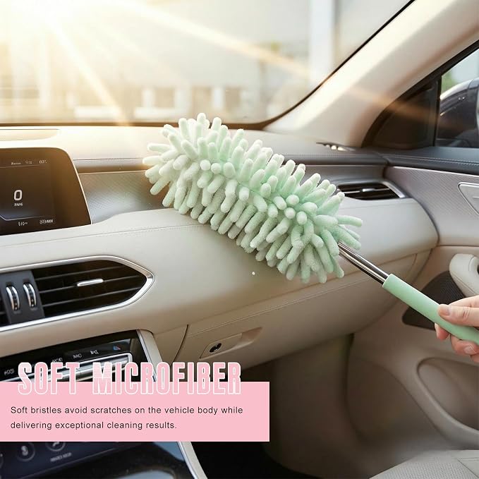 2 PCS Car Interior Duster with Extension Pole, Stretchable Chenille Vehicle Dusters with Bendable Head, Scratch Free Dusters Soft Cleaning Tool for Car Exterior & Interior (Light Green)