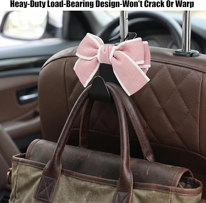 2 Pack Cute Bow Car Seat Headrest Hooks, Purse Hook for Car, Car Purse Hanger for Bags, Backseat Storage Organizer, Universal Vehicle Hooks for Women, Sedan SUV Truck, Pink