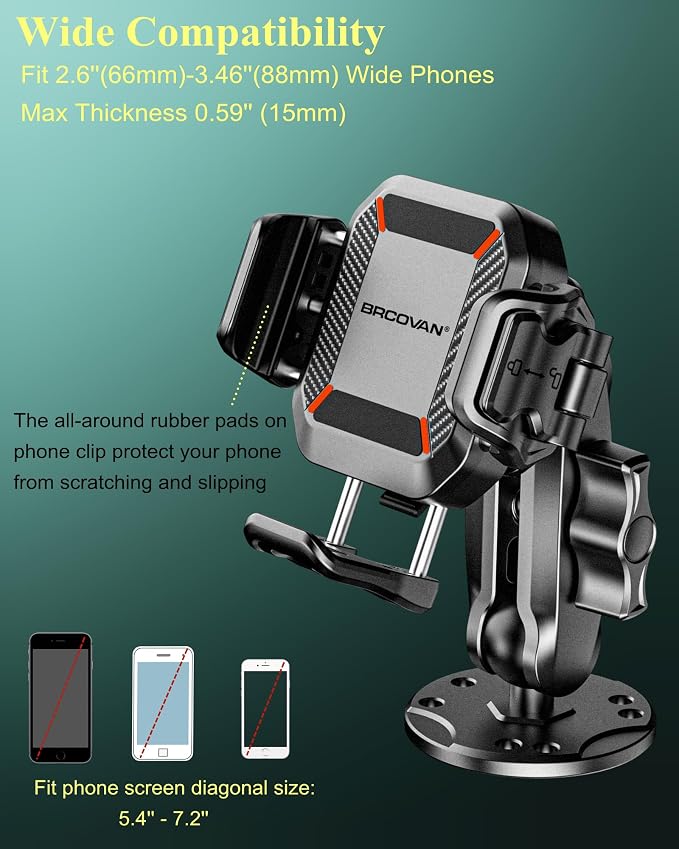 Anti-Theft Phone Mount Holder with Vibration Dampener, 1s Locking | Don't Block Camera, with Aluminum Round Base & Medium Arm, for Car Boat Truck Motorcycle UTV, Fit 5.4-7.2'' Smartphones