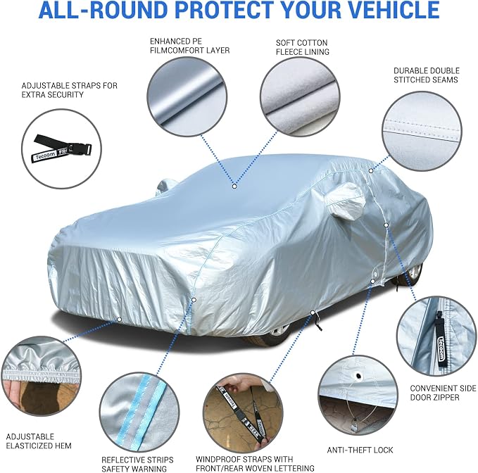 Car Cover Waterproof All Weather, 2023 8 Layers Soft Cotton Fleece Lining Full Exterior Covers with Zipper Door & Lock, Windproof Sun UV Hail Protector Car Cover Fit Sedan 170-190 Inches