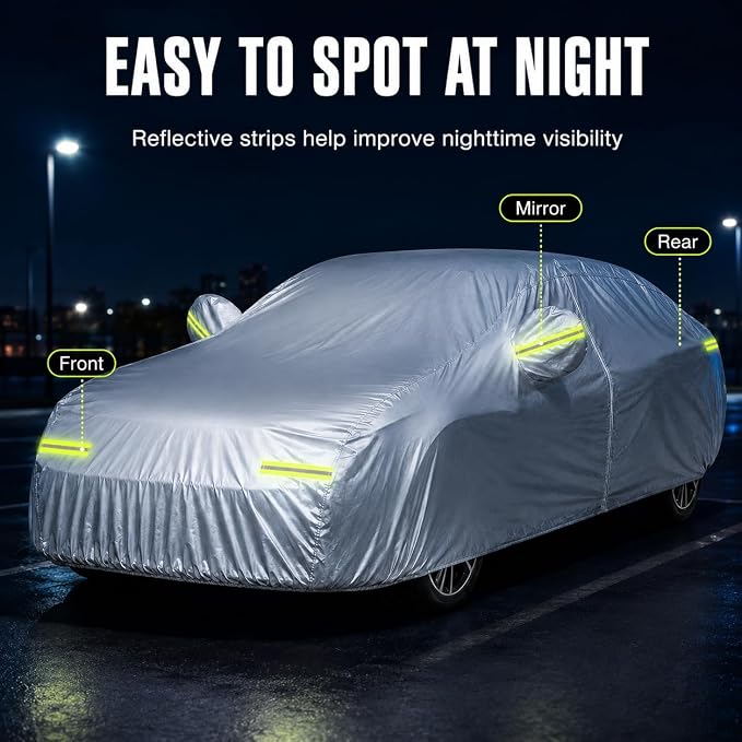 5-Layer Heavy Duty Car Cover for Sedans (185"L x 74"W x 60"H) | Waterproof Vinyl Outer,All-Weather Outdoor Indoor | Windproof Straps, Mirror Pockets, Door Zipper | UV Snow Rain Dust Protection
