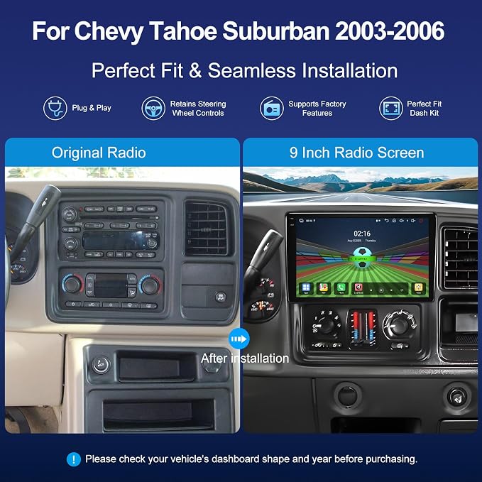 9'' QLED Car Stereo for Chevy Tahoe Suburban 2003-2006 Carplay Android Auto | 4+64G Touch Screen Aftermarket Car Radio with GPS Navigation, AHD 1080P Backup Camera, 5G WIFI, Bluetooth, FM AM RDS Radio