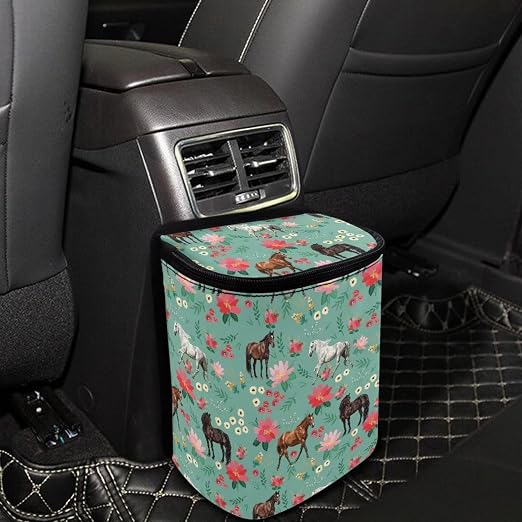 Horse Flower Print Car Trash Can with Lid, Leak Proof Auto Trash Bag Hanging Vehicle Garbage Can Multipurpose Storage Container for Back Seat Road Trip