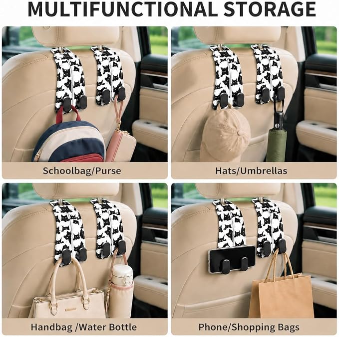 Cute Black Cat Car Seat Back Storage Headrest Hooks for Purses & Bags – 2PCS PU Leather Dual Metal Hooks, Backseat Organizer Accessories