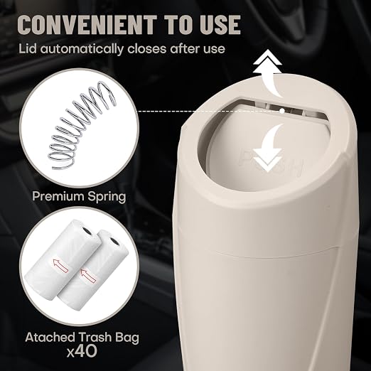 Car Trash Can Bin with Lid - Car Garbage Can Cup Holder - Light Beige Mini Leakproof Vehicle Garbage Bin with 20pcs Trash Bags-Automotive Organizers and Storage for Front Back Seat Accessories