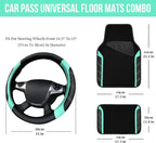 Leather Steering Wheel Cover and Waterproof Car Floor Mats,Microfiber Universal Car Combo Fit for 95% Sedan,SUV,Cars,14.5-15inch Sporty Anti-Slip Safety Comfortable Design(Black&Mint)