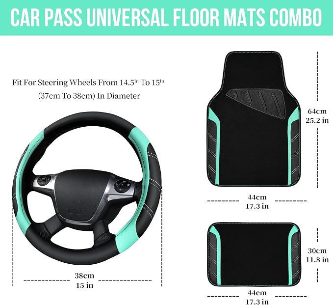 Leather Steering Wheel Cover and Waterproof Car Floor Mats,Microfiber Universal Car Combo Fit for 95% Sedan,SUV,Cars,14.5-15inch Sporty Anti-Slip Safety Comfortable Design(Black&Mint)