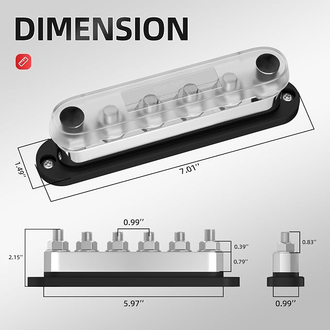 600A Power Distribution Block 12V Bus Bar Terminal Block 6 x 3/8" Terminal Studs 12 Volt Marine Bus Bar with Cover Positive & Negative for Automotive Car Boat Solar System