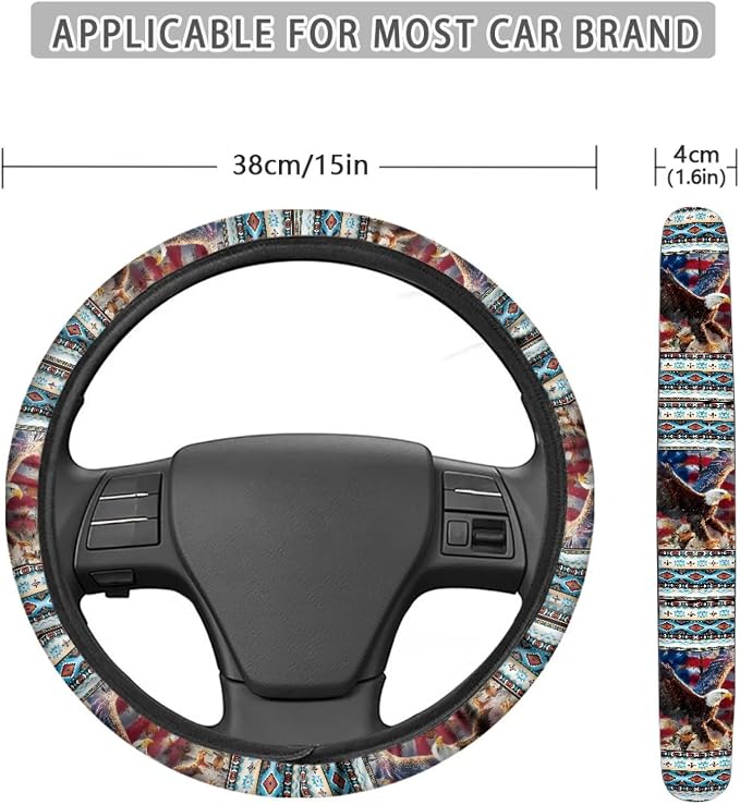 Auto Steering Wheel Cover Unviersal 15 Inch Steering Wheel Wrap Cover 4th of July Auto Interior Accessories Decor for All Seasons, Aztec Eagle US Flag