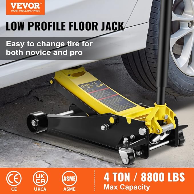 4 Ton Low Profile, Heavy-Duty Steel Racing Floor Jack with Dual Pistons Quick Lift Pump, Lifting Range 3.94"-20.98"