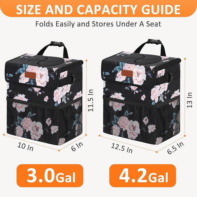 4.2 Gallons Car Trash Can with Lid, Bag Bin Hanging Waterproof Automotive Car Garbage Cans Leak Proof Vehicle Trash Can for Truck SUV,Black Floral