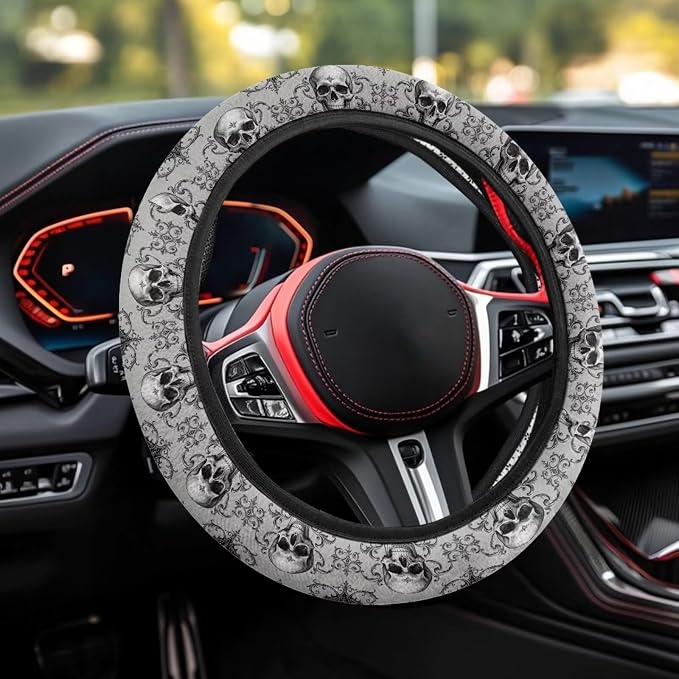Steering Wheel Protection for Most Cars Interior Accessories | Skull Bat Grey Automotive Steering Wheel Cushion, Halloween Decor, Anti-slip Universal 14-15 inch, Easy Install