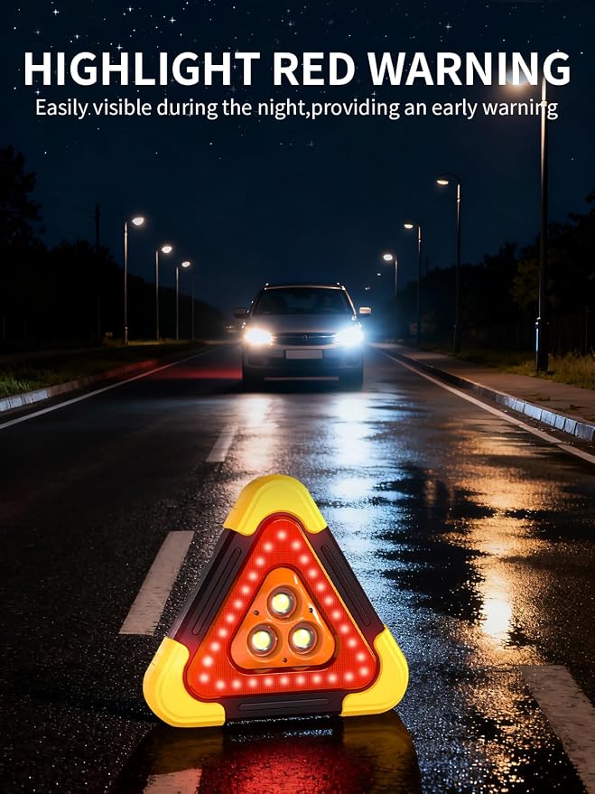 USB Rechargeable LED Road Safety Triangles, 4-in-1 Standard Warning Triangles Emergency Reflector with 30 High Visibility LED, Power Bank, Flashlight, SOS, Emergency Triangles for Vehicles