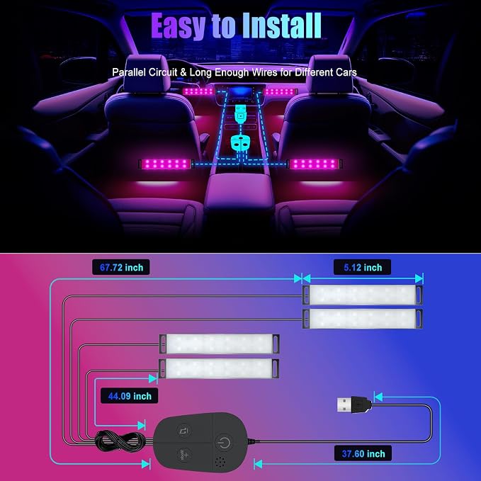 Car LED Lights Interior, RGB Interior Car Lights with App Control and Music Sync, USB Under Dash LED Lights for Jeeps Trucks SUVs, DC 5V