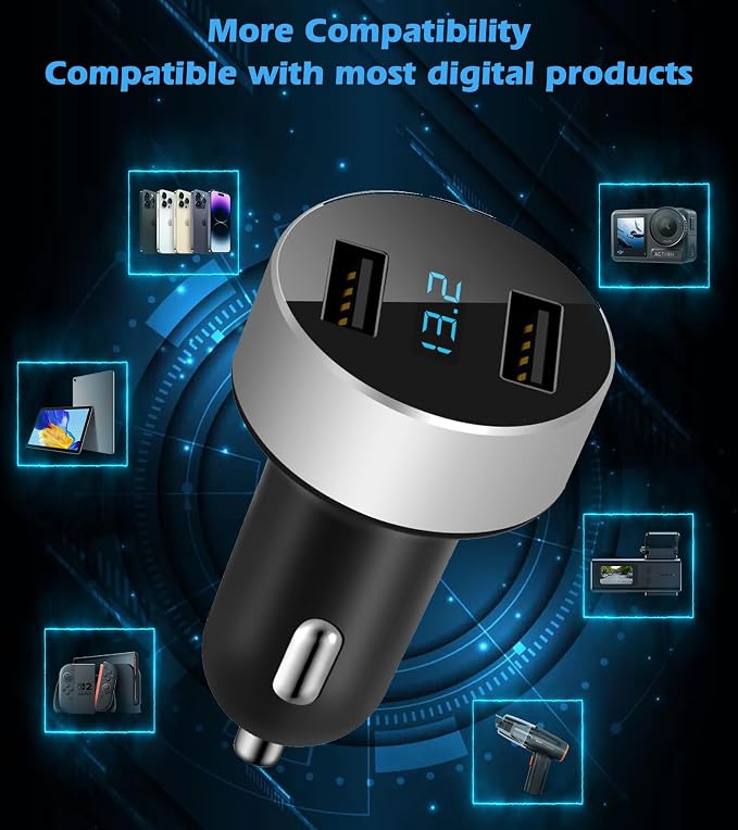 2 USB Car Charger,12V/24V Voltage Meter, Silver | Cigarette Lighter USB Adapter with LED Voltage Meter, 12V/24V Car Charger compatible for iPhone, Samsung, iPad, GPS, Dash Cam