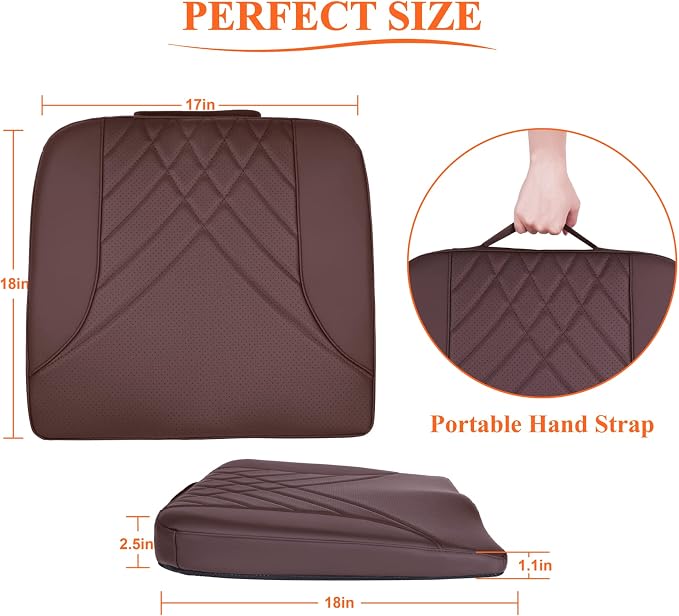 Premium Car Seat Cushion, Memory Foam Driver Seat Cushion to Improve Driving View- Coccyx & Lower Back Pain Relief - Seat Cushion for Car, Truck, Office Chair (Leather Brown)