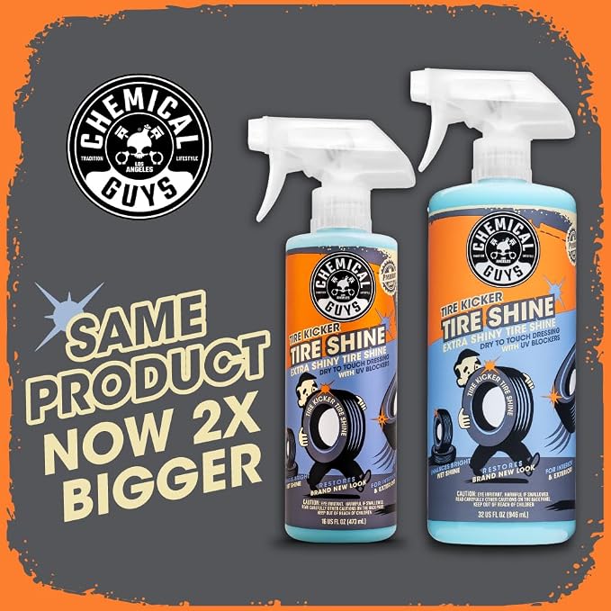 Tire Kicker Sprayable Extra Glossy Tire Shine (Works on Rubber, Vinyl & Plastic) Safe for Cars, Trucks, Motorcycles, RVs & More, Extra Large Size 32 fl oz