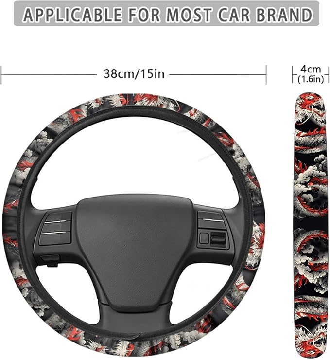Cool Dragon Print Car Steering Wheel Covers Sweat Anti-Slip Soft Grip Universal 14-15 inch Stretch-on Fabric Steering Wheel Soft Protector Steering Wheel Covers Car Accessories