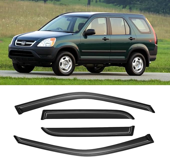 Rain Guards for 2002-2006 Honda CR-V CRV, Out-Channel Window Visor Shields Vent Deflector Shade Wind Dark Smoke 2003 2004 2005 02 03 04 05 06, Tape-On Outside-Mount, 4PCS