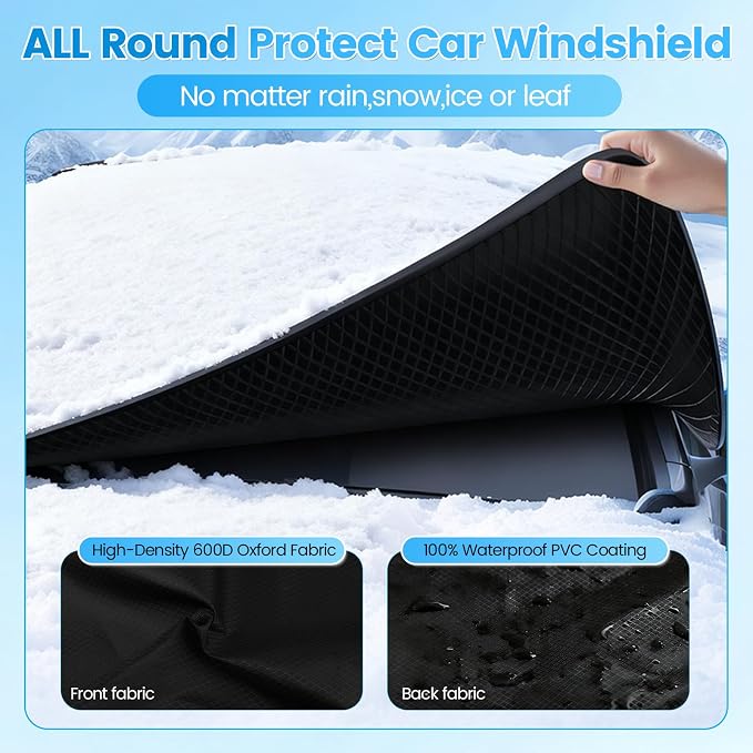 Windshield Cover for Ice and Snow - Heavy-Duty Winter Frost Guard with Side Mirror Pockets, Waterproof All-Weather Windproof Car Window Cover for Cars, Trucks, SUVs