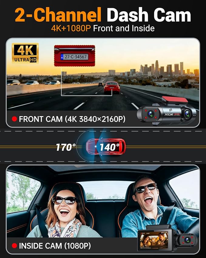 4K Dual Dash Cam with WiFi GPS, Voice Control, 4K+1080P Front and Inside Car Camera, UHD Night Vision, Dash Camera for Cars with 3" IPS Touch Screen, 24H Parking Mode, G-Sensor, 32GB Card