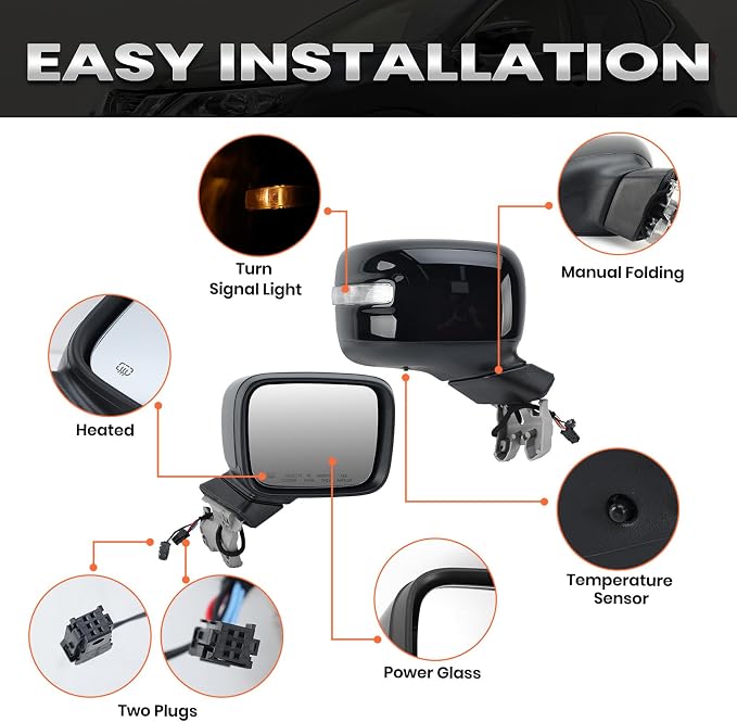 Right Passenger Side Mirror Compatible with Jeep Renegade 2015 2016 2017 2018 2019 2020 2021 2022 Door Mirrors Power Heated with Turn Signal Indicator Temperature Sensor Bright Black (7+2 pins)